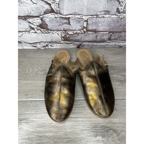 Sabah Baba Big Bend Olive Shearling Bronze Slippers Mules Flats Women 36EU/6M US - Picture 2 of 16